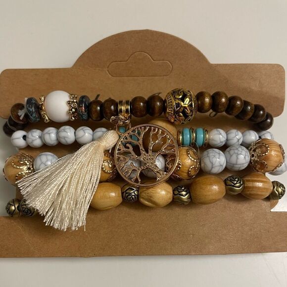 Stackable Boho Wooden Beaded Bracelets (4 Total) (NEW) - Picture 2 of 9